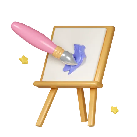 Easel Canvas With Drawings And Paints Brush Simple Icon For Web And App Modern Trendy Design Icon Isolated On Pastel Background Icon Symbol Clipping Path Education 3 D Render Illustration 3D Icon