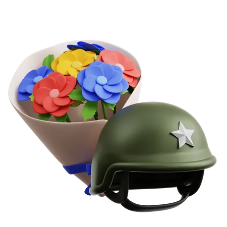 Capacete de soldado e buquê de flores  3D Icon