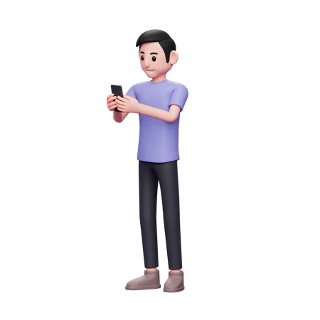Ilustracao De Personagem 3 D Feliz Casual Cara Digitando Mensagem No Smartphone Isolado Homem Bonito E Alegre Usando Telefone 3D Illustration