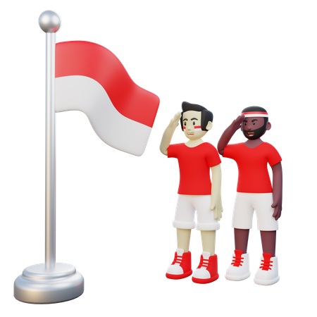 Indonésio fazendo saudação à bandeira da Indonésia no dia da independência de 17 de agosto  3D Illustration