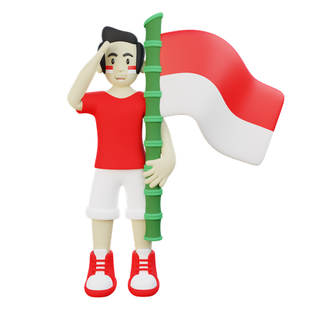 Indonésio segurando bandeira da Indonésia enquanto faz saudação  3D Illustration
