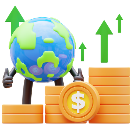 Carácter de la Tierra que muestra el gráfico del dinero levantándose  3D Icon