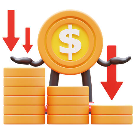 Carácter de moneda de dólar que muestra el gráfico de dinero cayendo  3D Icon