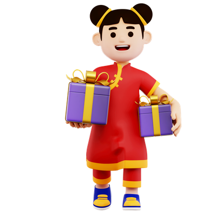 Carácter de mujer china con regalos  3D Icon