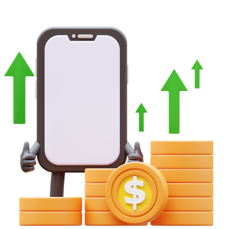 Carácter de teléfono inteligente que muestra el gráfico de dinero levantándose  3D Icon