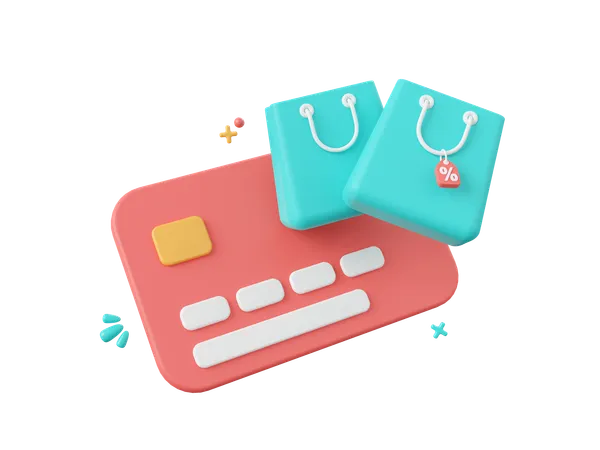 3 D Cartoon Design Illustration Of Credit Cards With Shopping Bags Shopping Online And Payments By Credit Card 3D Icon