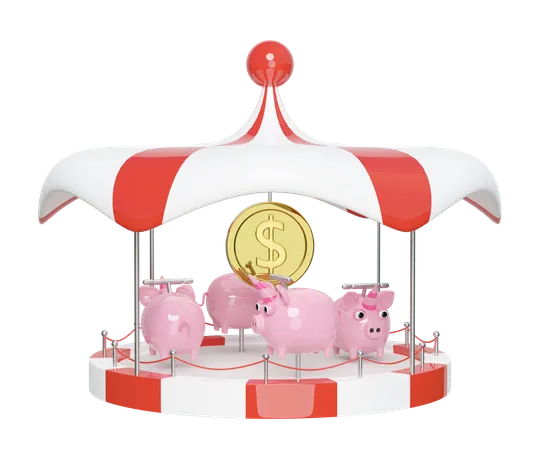 Carousel Or Merry Go Round With Piggy Bank Coin Isolated 3 D Render Illustration 3D Icon