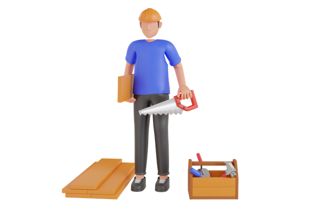 Carpenter Holding Wooden With Handsaw  3D Icon