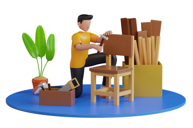 Carpenter using woodworking tools for craft work in carpentry workshop  3D Illustration