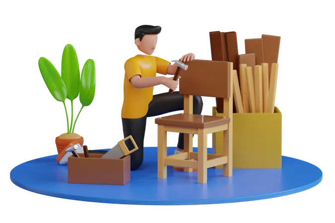 Carpenter using woodworking tools for craft work in carpentry workshop  3D Illustration