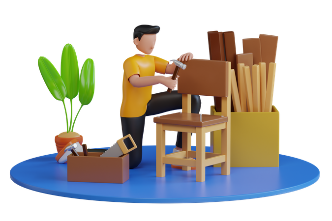 Carpenter using woodworking tools for craft work in carpentry workshop  3D Illustration