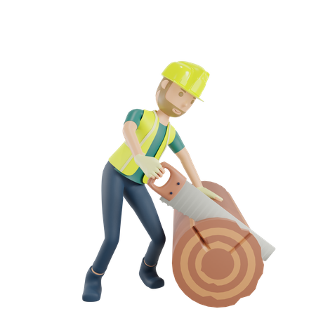 Carpenter with hand saw and wood plane 3D Illustration