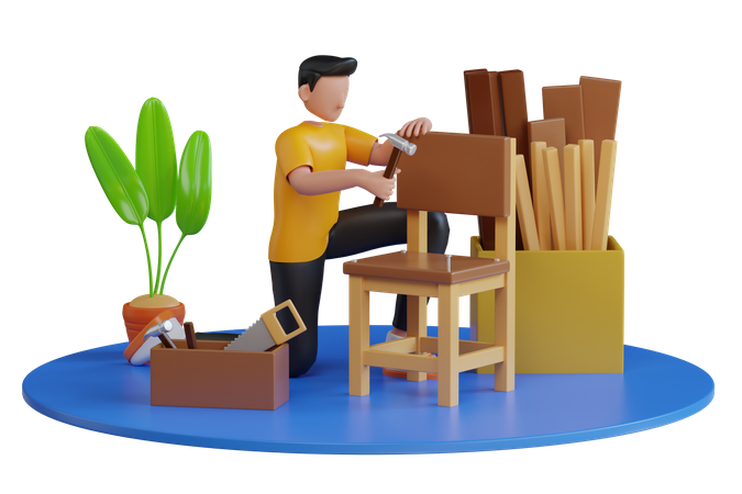 Carpinteiro usando ferramentas de marcenaria para trabalhos artesanais em oficina de carpintaria  3D Illustration