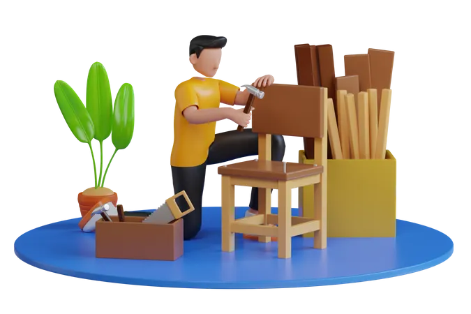 Carpinteiro Usando Ferramentas De Marcenaria Para Trabalhos Artesanais Em Oficina De Carpintaria Carpinteiro Profissional Trabalhando Ilustracao 3 D 3D Illustration