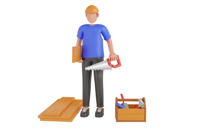 Carpintero sosteniendo madera con sierra de mano  3D Illustration