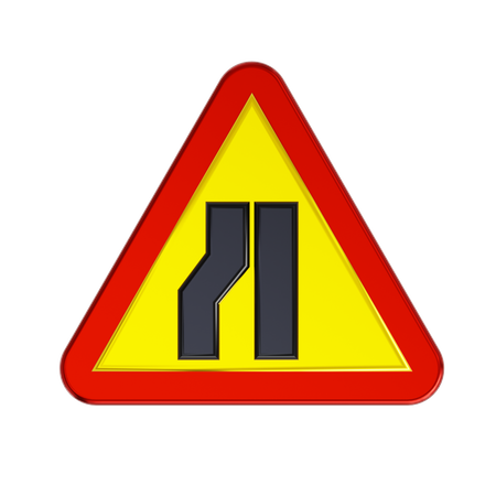 La carretera se estrecha en la señal de tráfico izquierda.  3D Icon