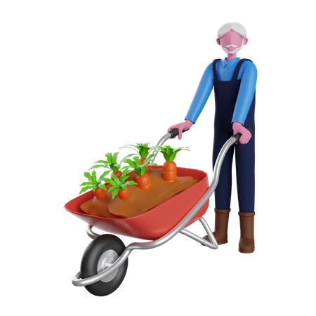 Agricultor carregando carrinho de cenoura  3D Illustration