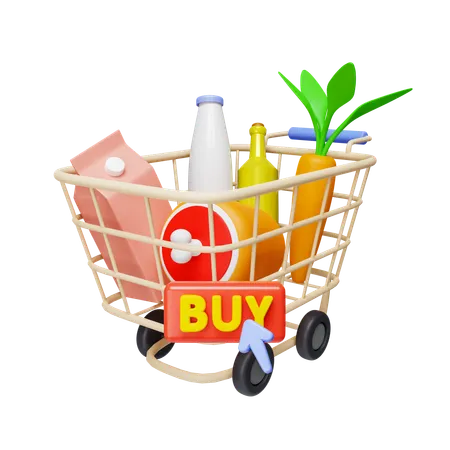 Carrito de compras con comestibles  3D Icon