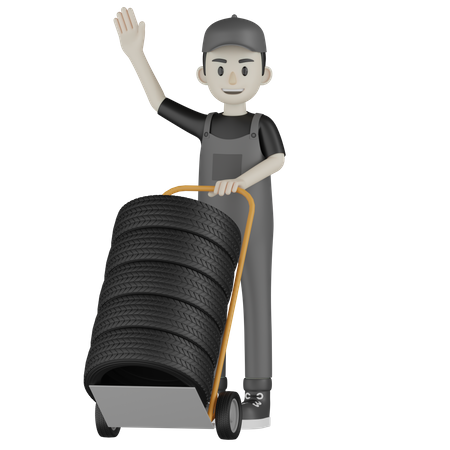 Mecánico sosteniendo carro de neumáticos  3D Illustration
