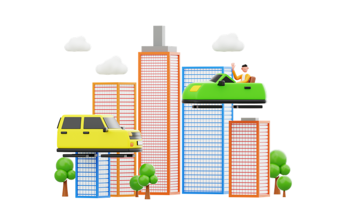 Carros voadores acima de uma cidade futurista  3D Icon