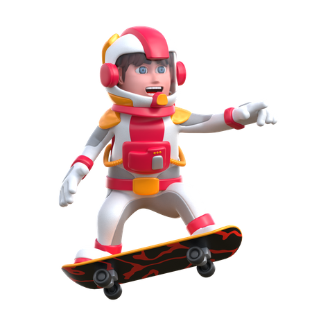 Cartoon-Astronaut spielt Skateboard  3D Illustration