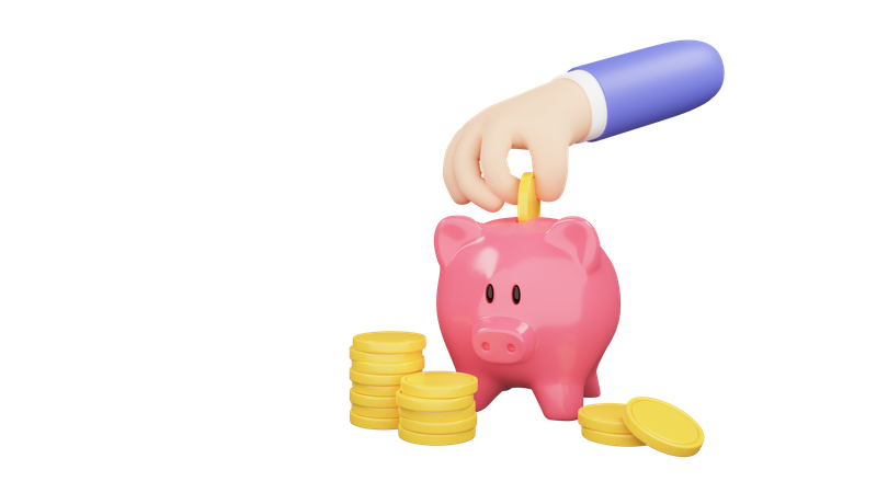 Cartoon Hand putting coin to piggy bank. Saving money. 3d render illustration  3D Illustration