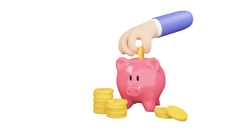 Cartoon Hand putting coin to piggy bank. Saving money. 3d render illustration  3D Illustration