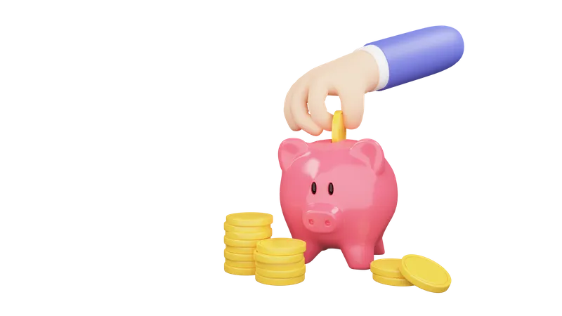 Cartoon Hand putting coin to piggy bank. Saving money. 3d render illustration  3D Illustration