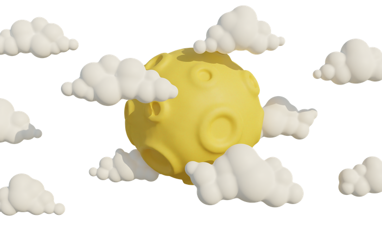 Cartoon moon with craters surrounded fluffy clouds  3D Icon