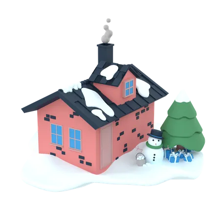 Casas Nevadas En 3 D Con Arboles Y Munecos De Nieve En La Temporada De Invierno Ilustracion 3D Icon
