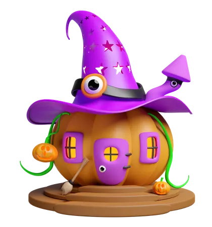 Fiesta De Halloween En 3 D Con Casa De Calabazas Sombrero De Bruja Calabaza Tallada En Las Escaleras Varita Aislada Ilustracion De Render 3 D 3D Icon