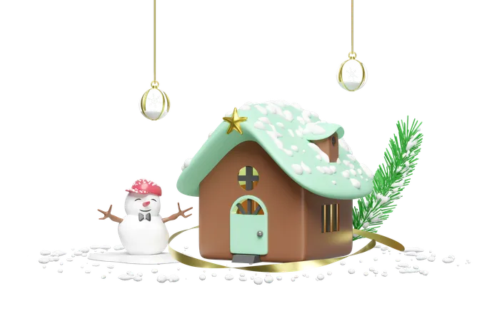 Casa com boneco de neve  3D Illustration