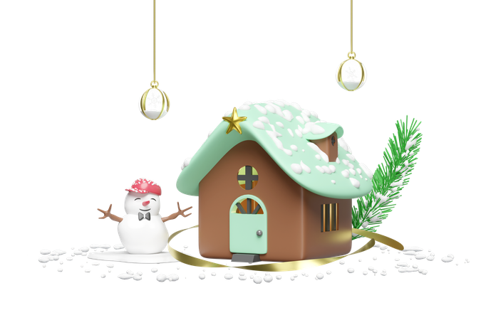 Casa con muñeco de nieve  3D Illustration