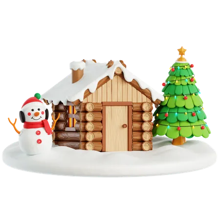 Casa de nieve, muñeco de nieve y árboles de Navidad.  3D Icon