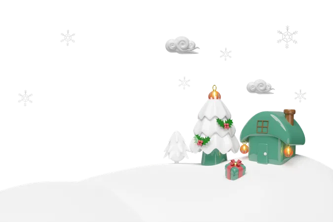 Casa en la colina nevada  3D Illustration