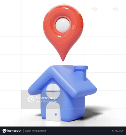 Casa Azul 3 D Icono De Pin De Ubicacion Puntos De Control Del Navegador GPS Rojo Flotando En Una Linda Casa Inversion Empresarial Bienes Raices Hipotecas Concepto De Prestamo Icono De Dibujos Animados De Estilo Minimalista Ilustracion De Renderizado 3 D 3D Icon