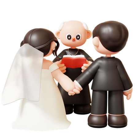 Novios casados y sacerdote sosteniendo la Biblia  3D Illustration