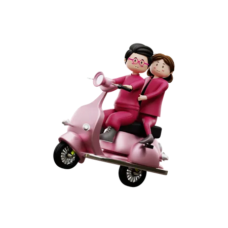 Casal andando de scooter  3D Illustration
