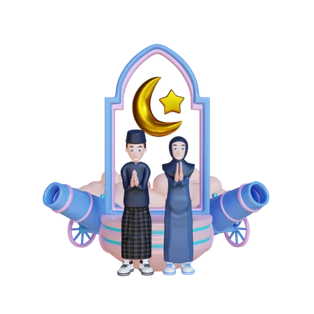Casal árabe fazendo oração Eid  3D Illustration