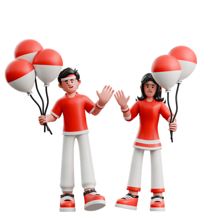 Casal carregando balões vermelhos e brancos  3D Icon