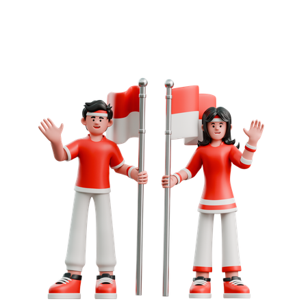Casal carregando bandeira vermelha e branca  3D Icon