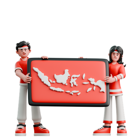Casal carregando mapa da Indonésia  3D Icon