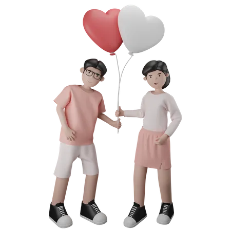 Casal carregando um par de balões em formato de coração  3D Illustration