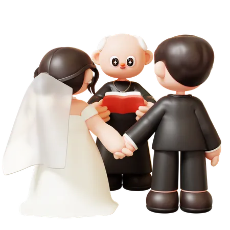 Casal de noivos e padre segurando a Bíblia  3D Illustration