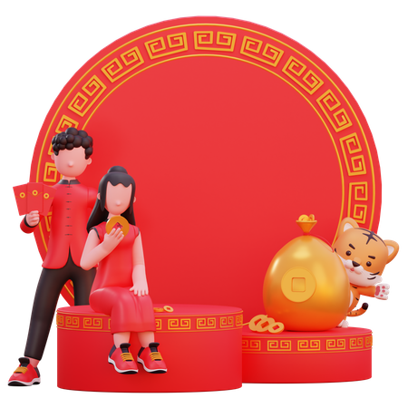Casal chinês segurando cartas na mão  3D Illustration