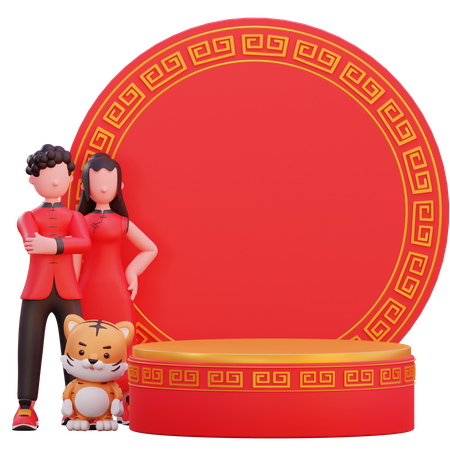 Casal chinês em pé com tigre  3D Illustration