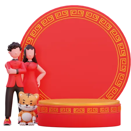 Casal chinês em pé com tigre  3D Illustration