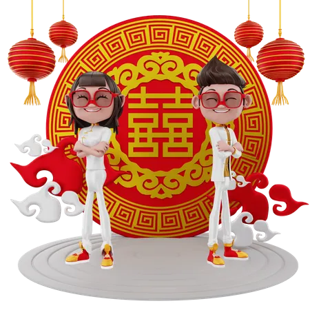 Casal com moeda da sorte chinesa  3D Illustration