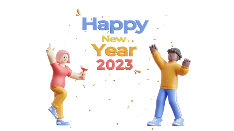 Casal comemorando o ano novo de 2023  3D Illustration