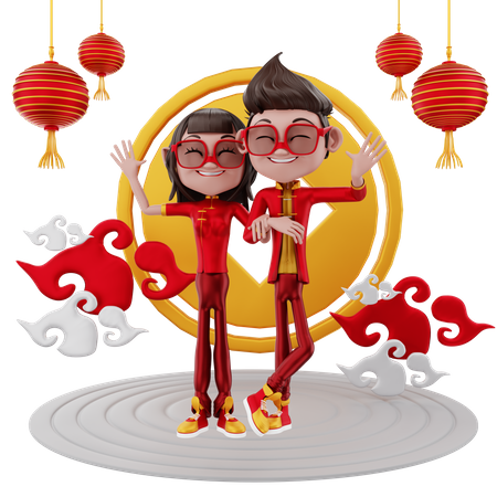 Casal comemorando o ano novo chinês  3D Illustration